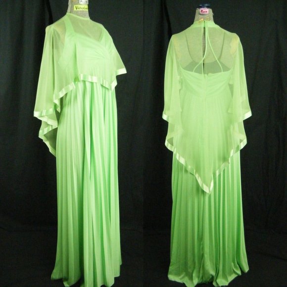 Vintage Dresses & Skirts - Vintage 1970s Lime Green Sheer Cape Halter Gown